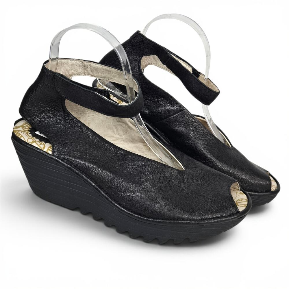 Fly London Yala EU 40 US 9.5 Black Leather Peep Toe Platform Wedge Sandals